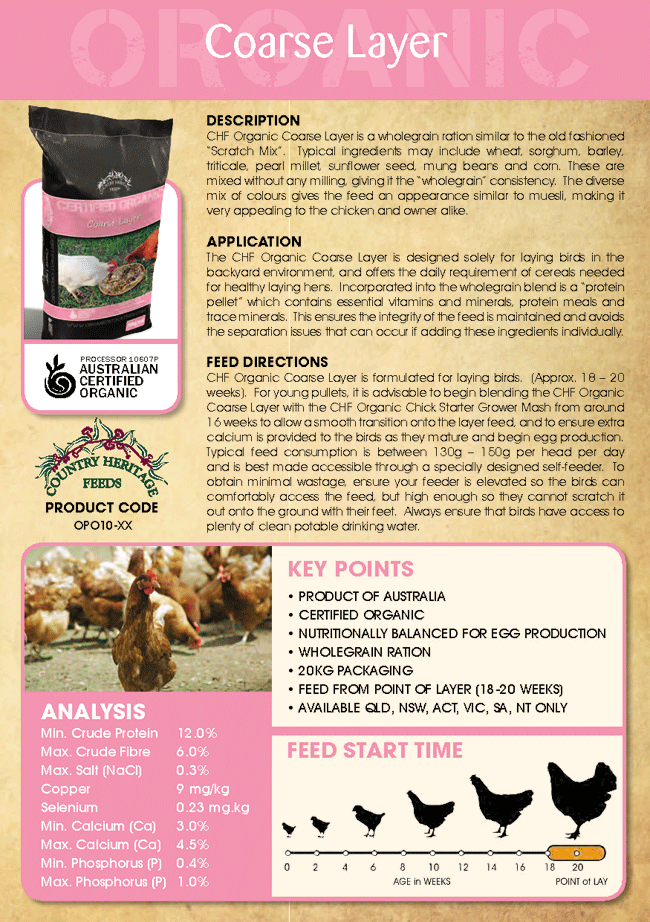 Country Heritage Feeds- Organic Backyard coarse layer- Chook food 20kg